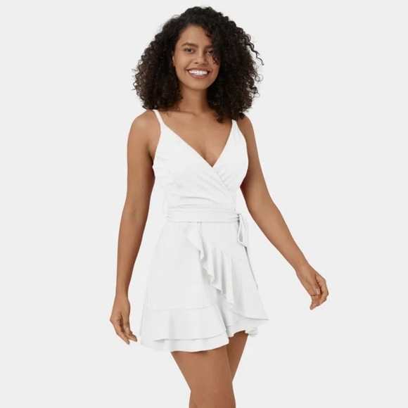 Backless V Neck Sleeveless Lace Up Ruffle 2-piece Side Pocket Flowy Casual Mini - Picture 2 of 5